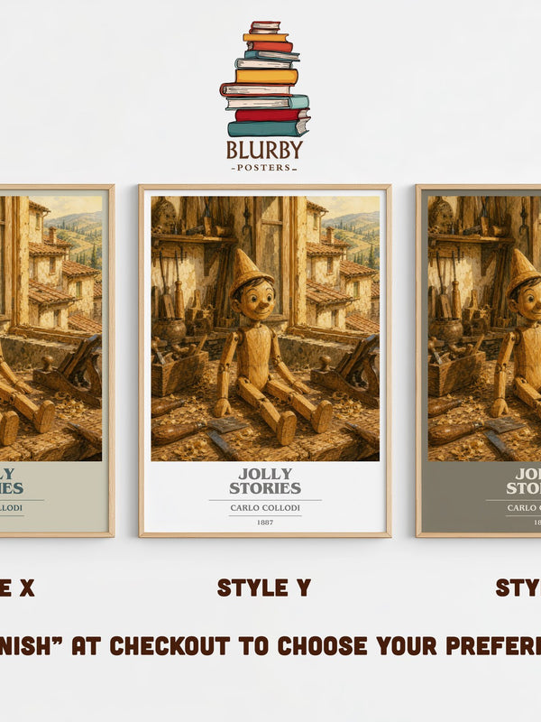 Jolly Stories book cover print in frame leaning in hallway – childrens wall art