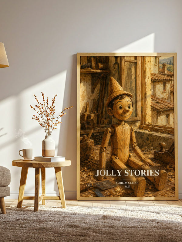 Jolly Stories watercolour print in frame leaning in hallway – childrens wall art