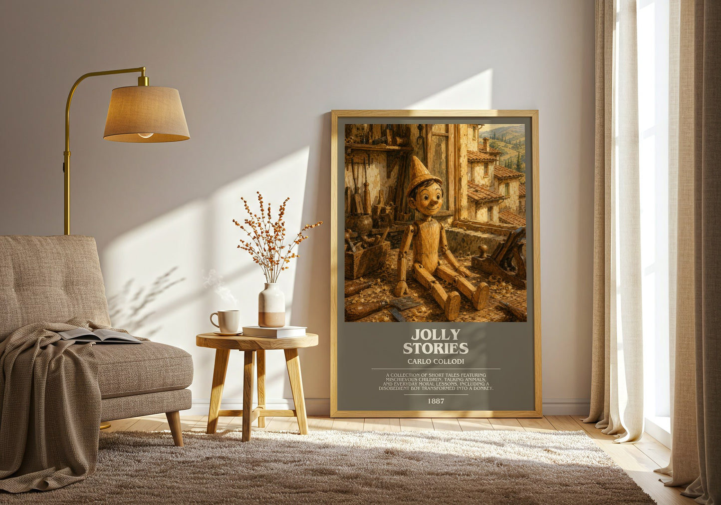 Jolly Stories bookish print on bookshelf – Carlo Collodi fan gift
