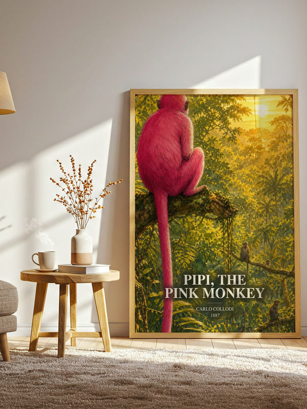 Pipi, The Pink Monkey watercolour print in frame leaning in hallway – childrens wall art