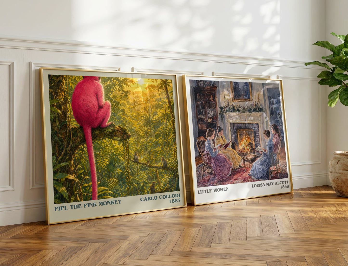 Pipi, The Pink Monkey literary print on bookshelf – Carlo Collodi fan gift