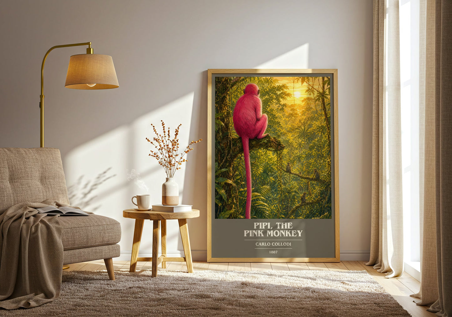 Pipi, The Pink Monkey book cover print on bookshelf – Carlo Collodi fan gift