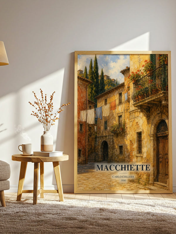 Macchiette watercolour print in frame leaning in hallway – classic literature wall art