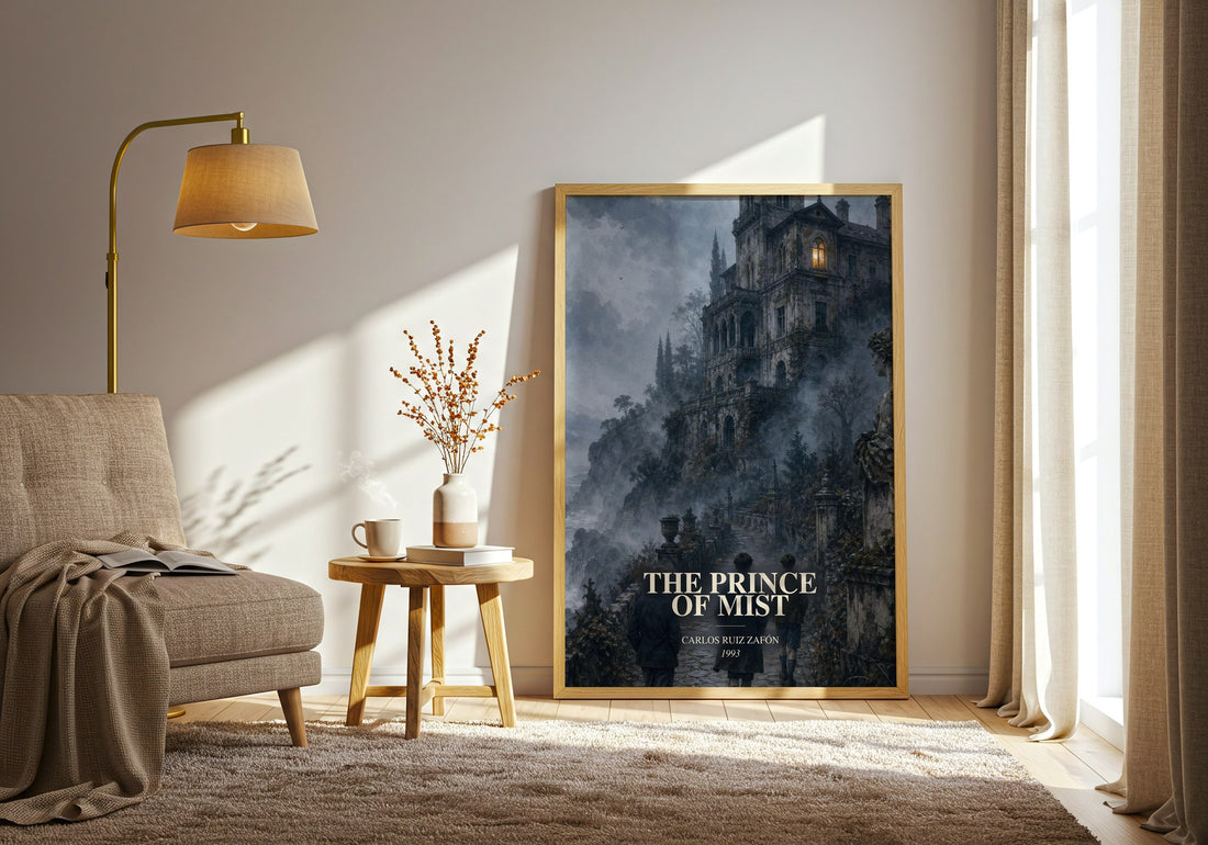 The Prince Of Mist watercolour print in frame leaning in hallway – young adult wall art (mockup)