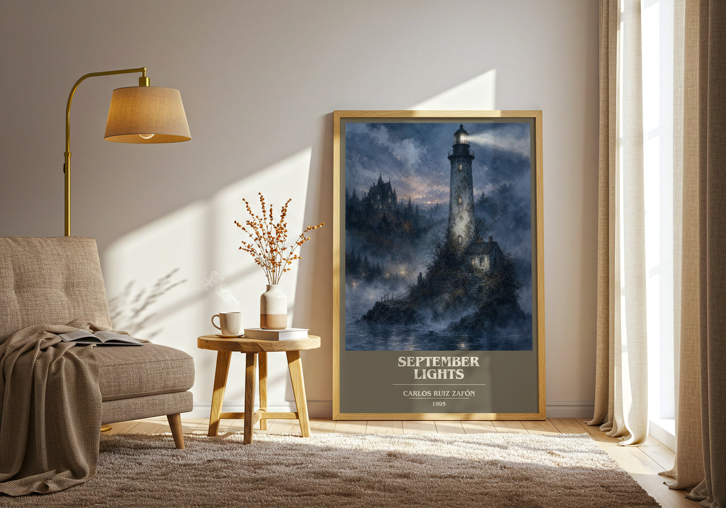 September Lights book cover print on bookshelf – Carlos Ruiz Zafón fan gift