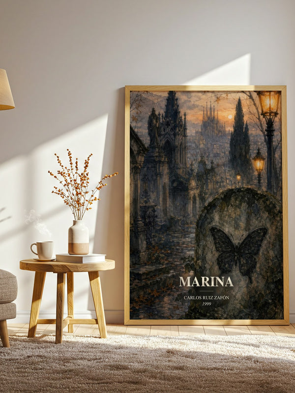 Marina watercolour print in frame leaning in hallway – gothic wall art