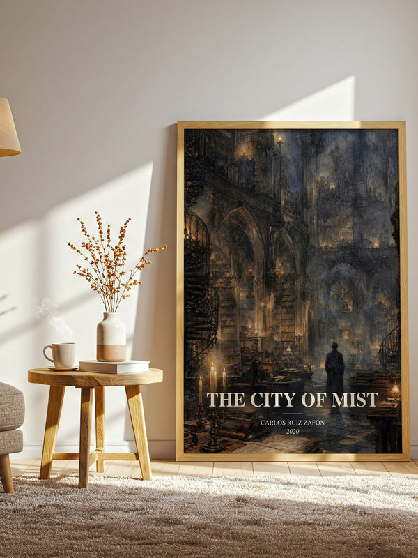 The City Of Mist watercolour print in frame leaning in hallway – mystery wall art