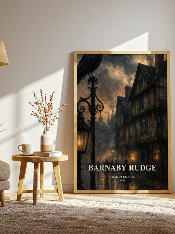 Barnaby Rudge watercolour print in frame leaning in hallway – historical fiction wall art