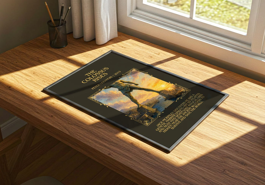 The colossus rises Minimalist Book Poster by Peter Lerangis – print on a sunlit desk
