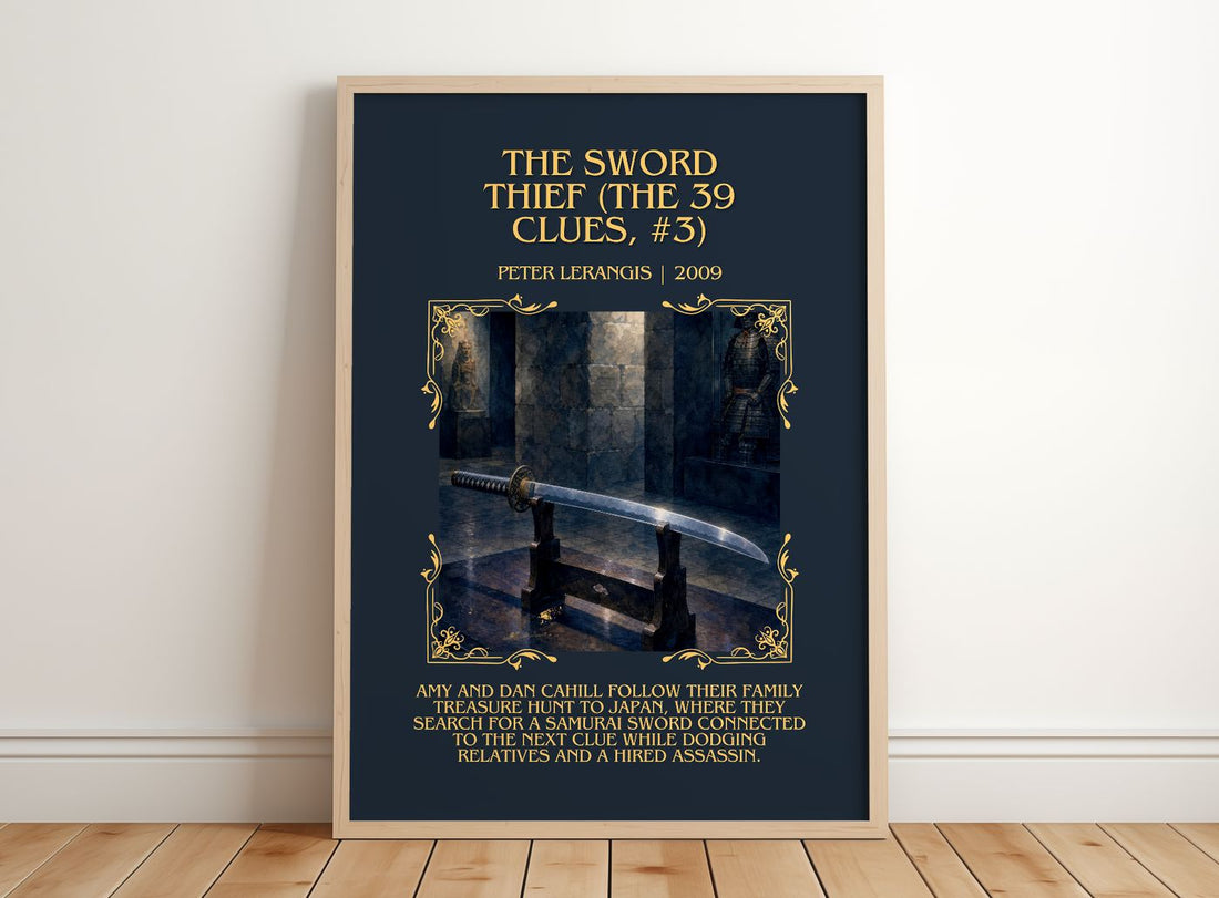 Sword Thief (The 39 Clues, #3) Minimalist Book Poster by P. Lerangis – framed print leaning on a wooden floor