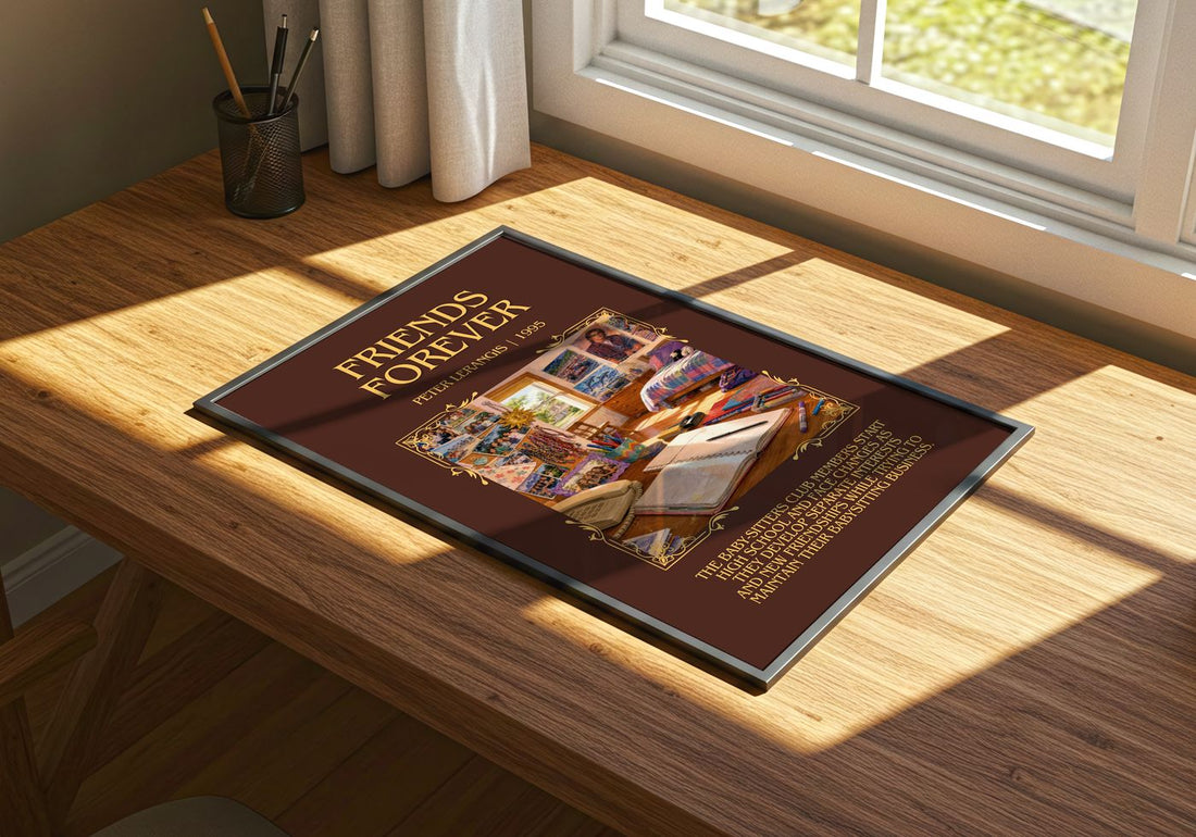 Friends Forever Minimalist Book Poster by Peter Lerangis – print on a sunlit desk
