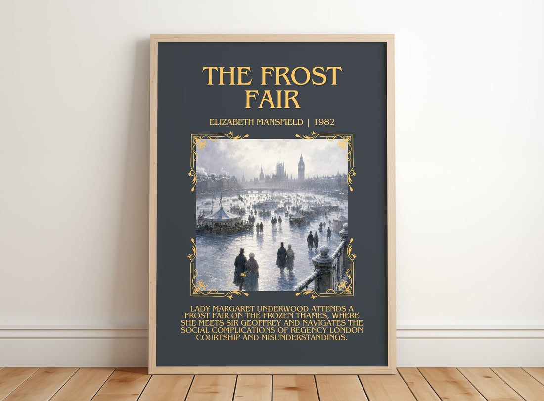 The Frost Fair Minimalist Book Poster by Elizabeth Mansfield – framed print leaning on a wooden floor