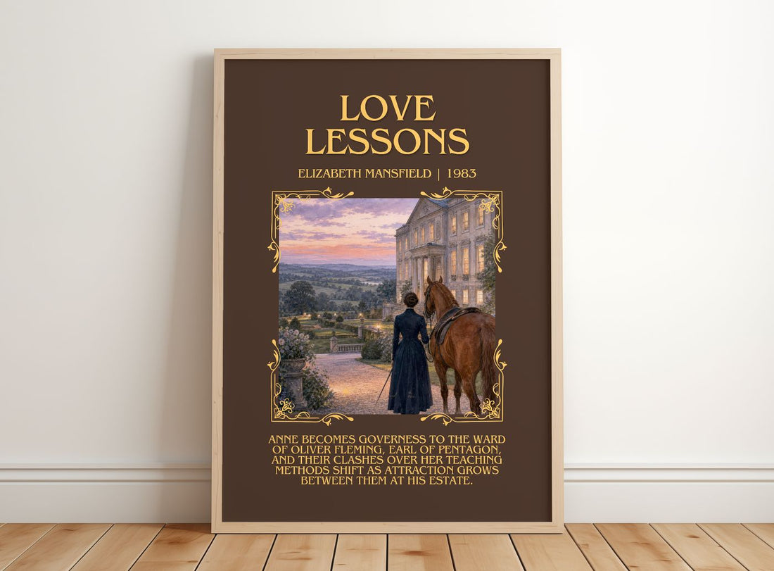 Love Lessons Minimalist Book Poster by Elizabeth Mansfield – framed print leaning on a wooden floor