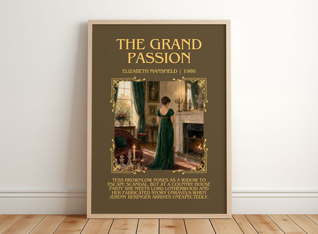 The Grand Passion Minimalist Book Poster by Elizabeth Mansfield – framed print leaning on a wooden floor