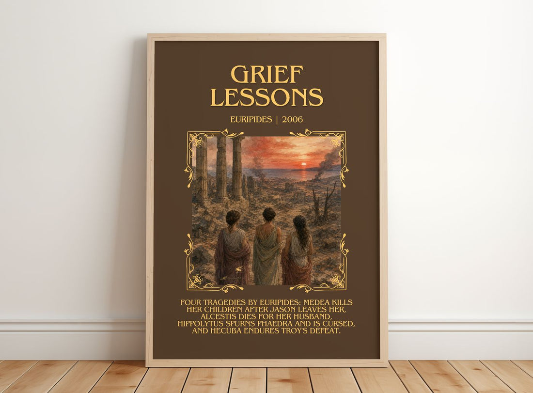 Grief Lessons Minimalist Book Poster by Euripides – framed print leaning on a wooden floor