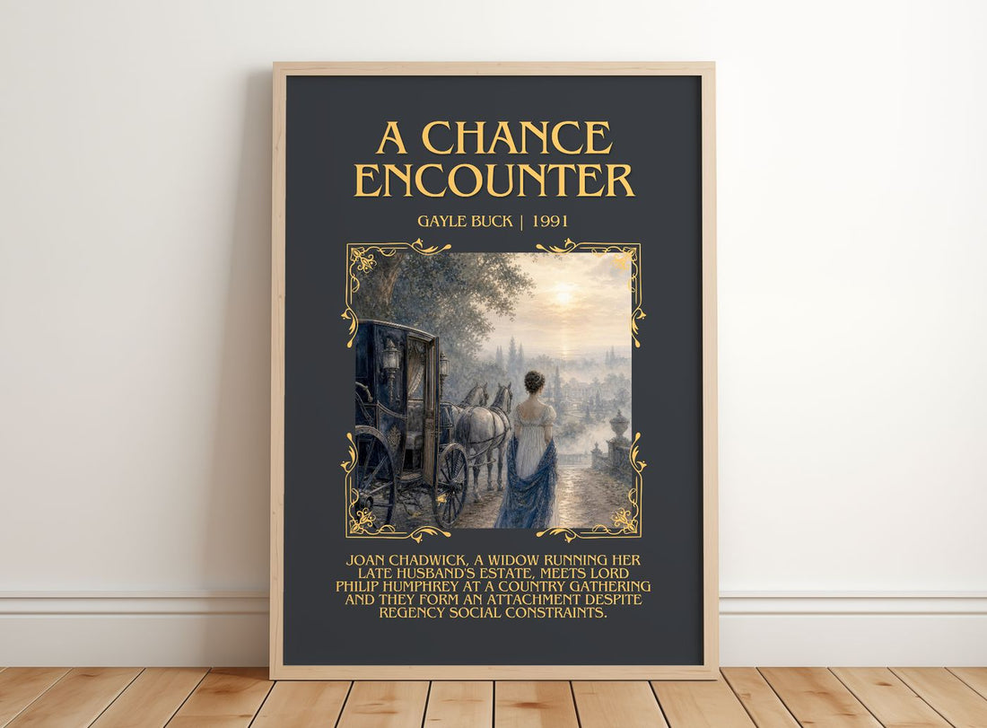 A Chance Encounter Minimalist Book Poster by Gayle Buck – framed print leaning on a wooden floor