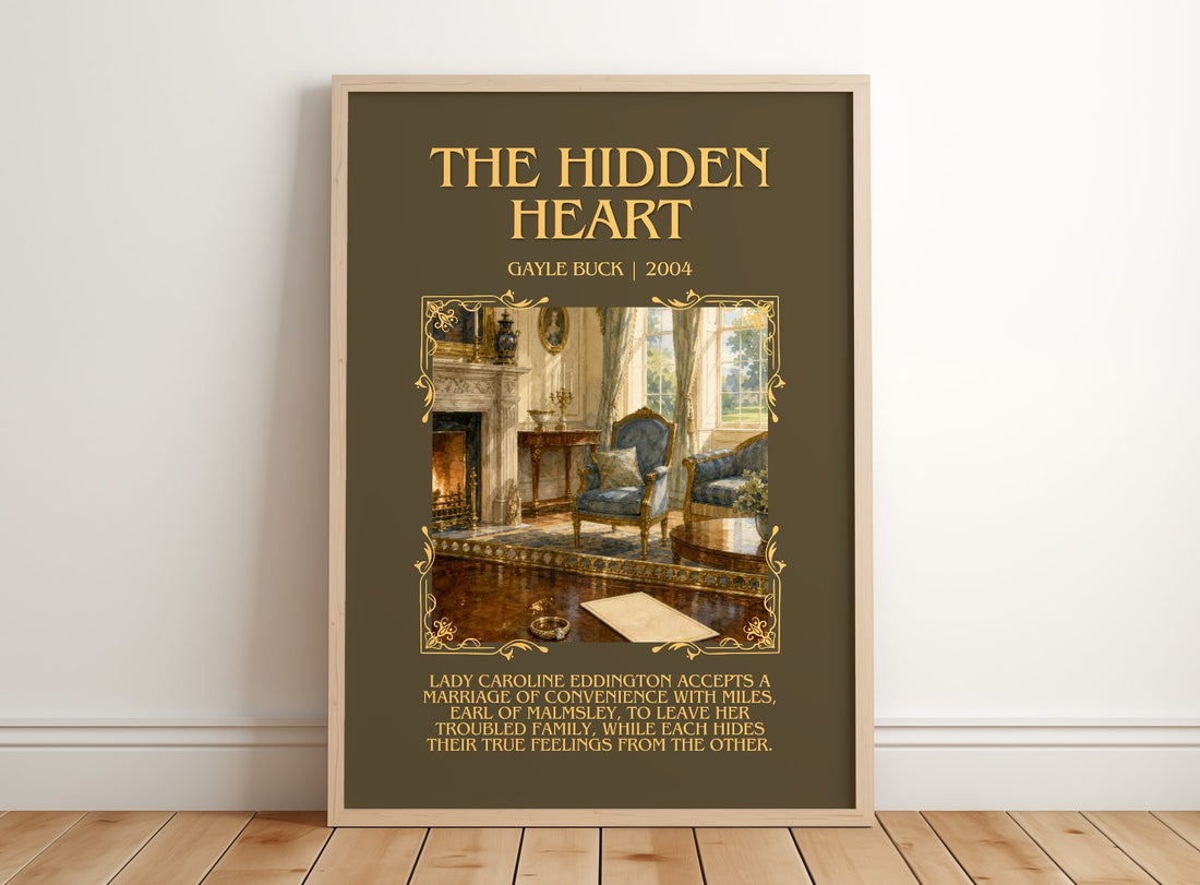 The Hidden Heart Minimalist Book Poster by Gayle Buck – framed print leaning on a wooden floor