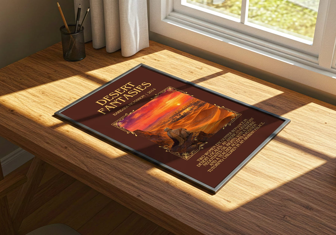 Desert Fantasies Minimalist Book Poster by Barbara McMahon – print on a sunlit desk
