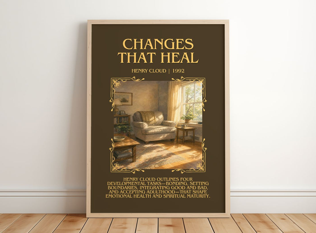 Changes That Heal Minimalist Book Poster by Henry Cloud – framed print leaning on a wooden floor