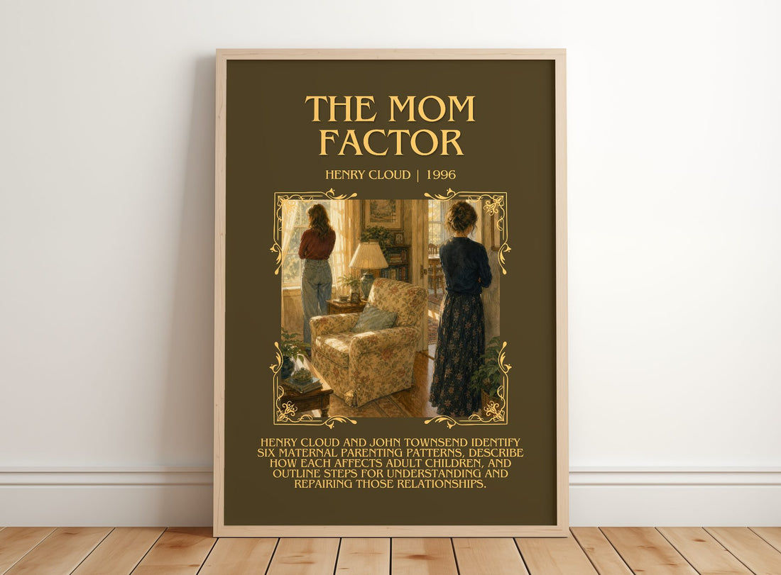 The Mom Factor Minimalist Book Poster by Henry Cloud – framed print leaning on a wooden floor