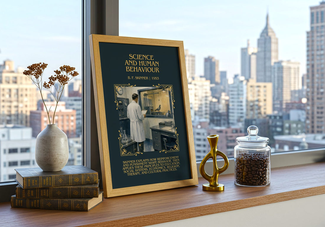 Science and human behaviour Minimalist Book Poster by B. F. Skinner – framed print on a city-view windowsill