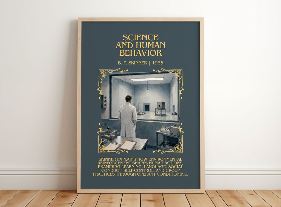 Science And Human Behavior Minimalist Book Poster by B. F. Skinner – framed print leaning on a wooden floor