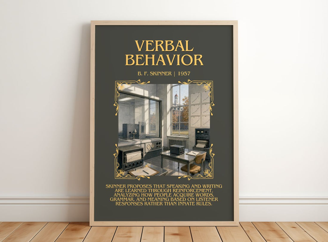 Verbal behavior Minimalist Book Poster by B. F. Skinner – framed print leaning on a wooden floor