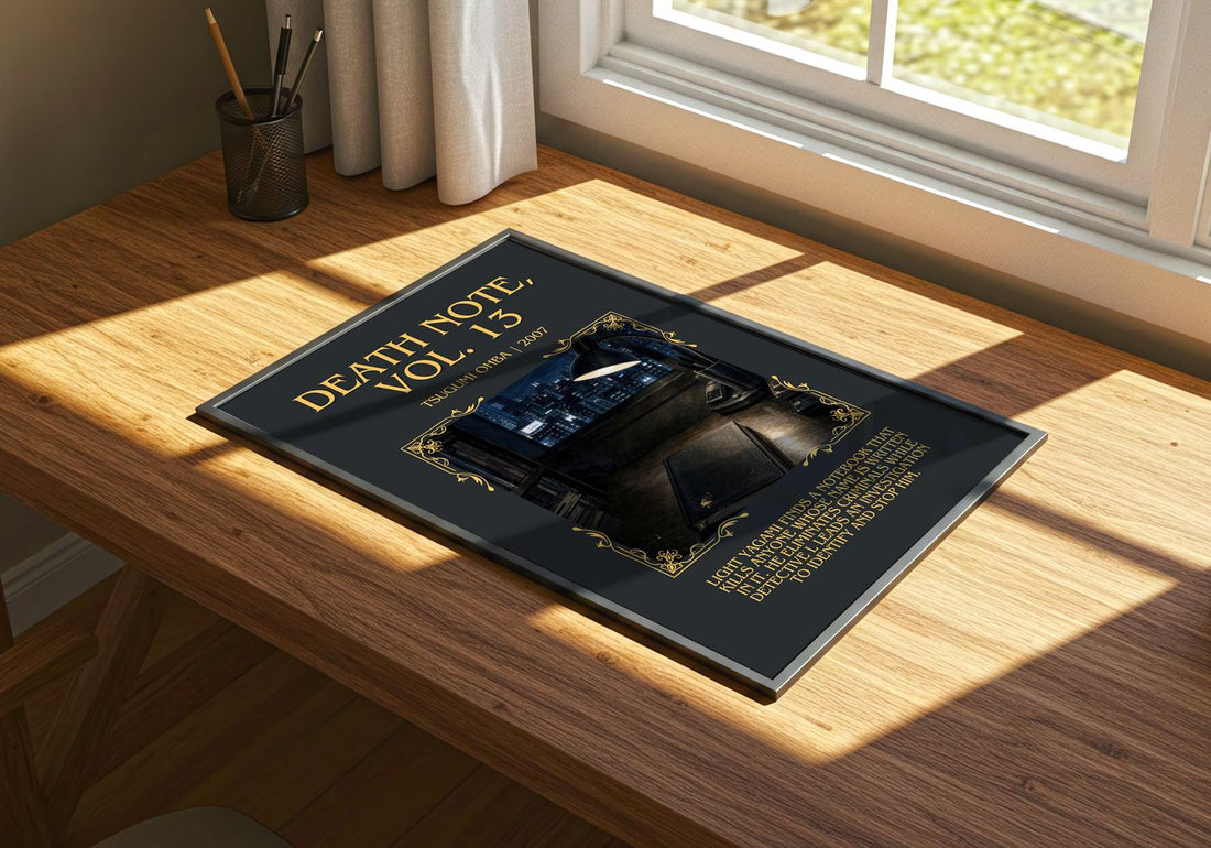 Death Note, Vol. 13 Minimalist Book Poster by Tsugumi Ohba – print on a sunlit desk