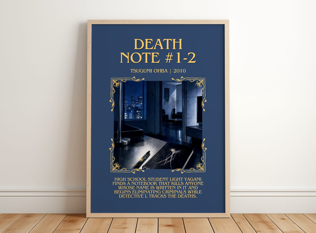 Death Note #1-2 Minimalist Book Poster by Tsugumi Ohba – framed print leaning on a wooden floor