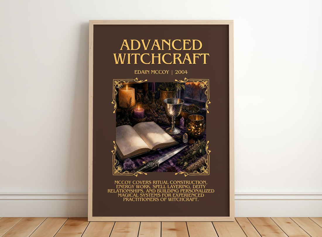 Advanced Witchcraft Minimalist Book Poster by Edain McCoy – framed print leaning on a wooden floor