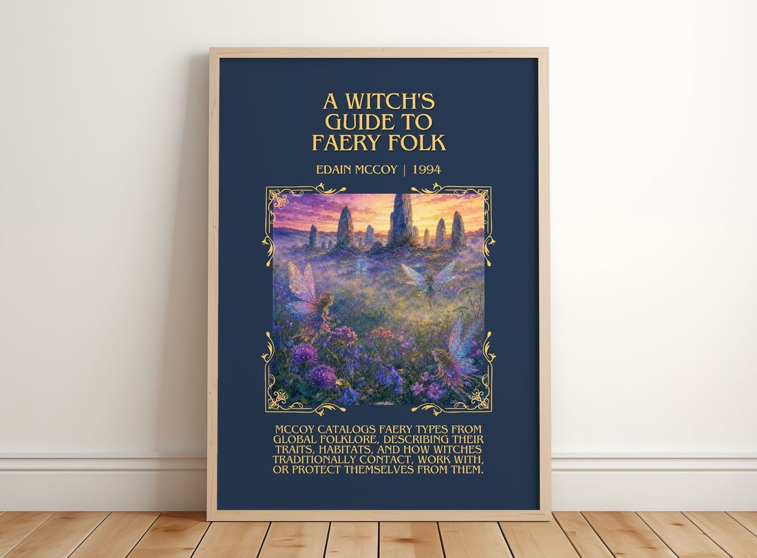 A witch's guide to faery folk Minimalist Book Poster by Edain McCoy – framed print leaning on a wooden floor