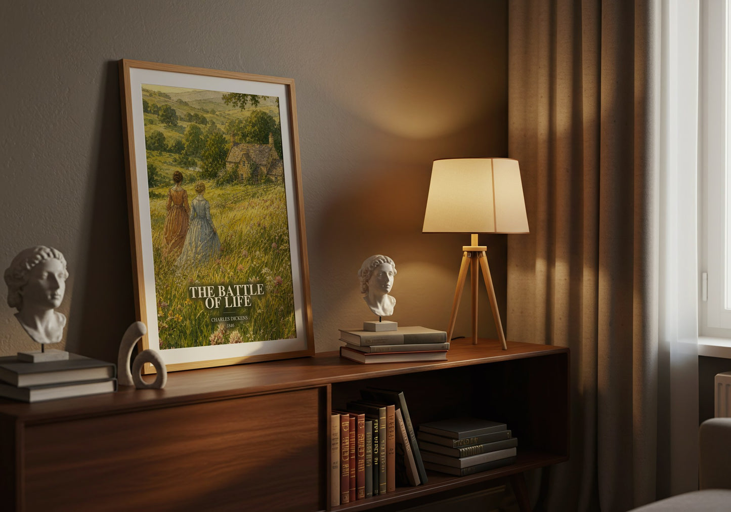 The Battle Of Life watercolour print on bookshelf – Charles Dickens fan gift