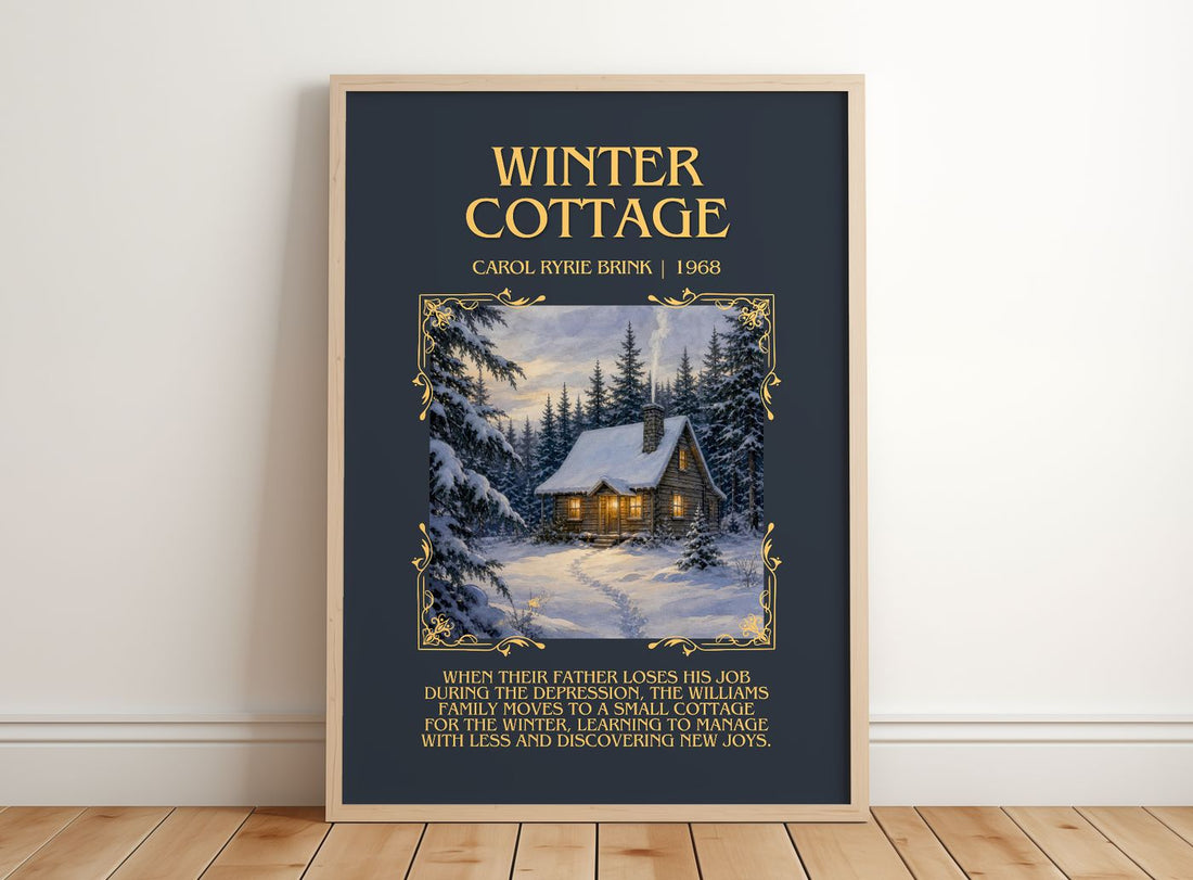 Winter Cottage Minimalist Book Poster by Carol Ryrie Brink – framed print leaning on a wooden floor