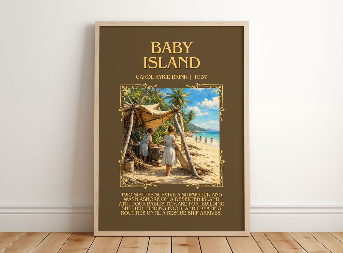 Baby Island Minimalist Book Poster by Carol Ryrie Brink – framed print leaning on a wooden floor