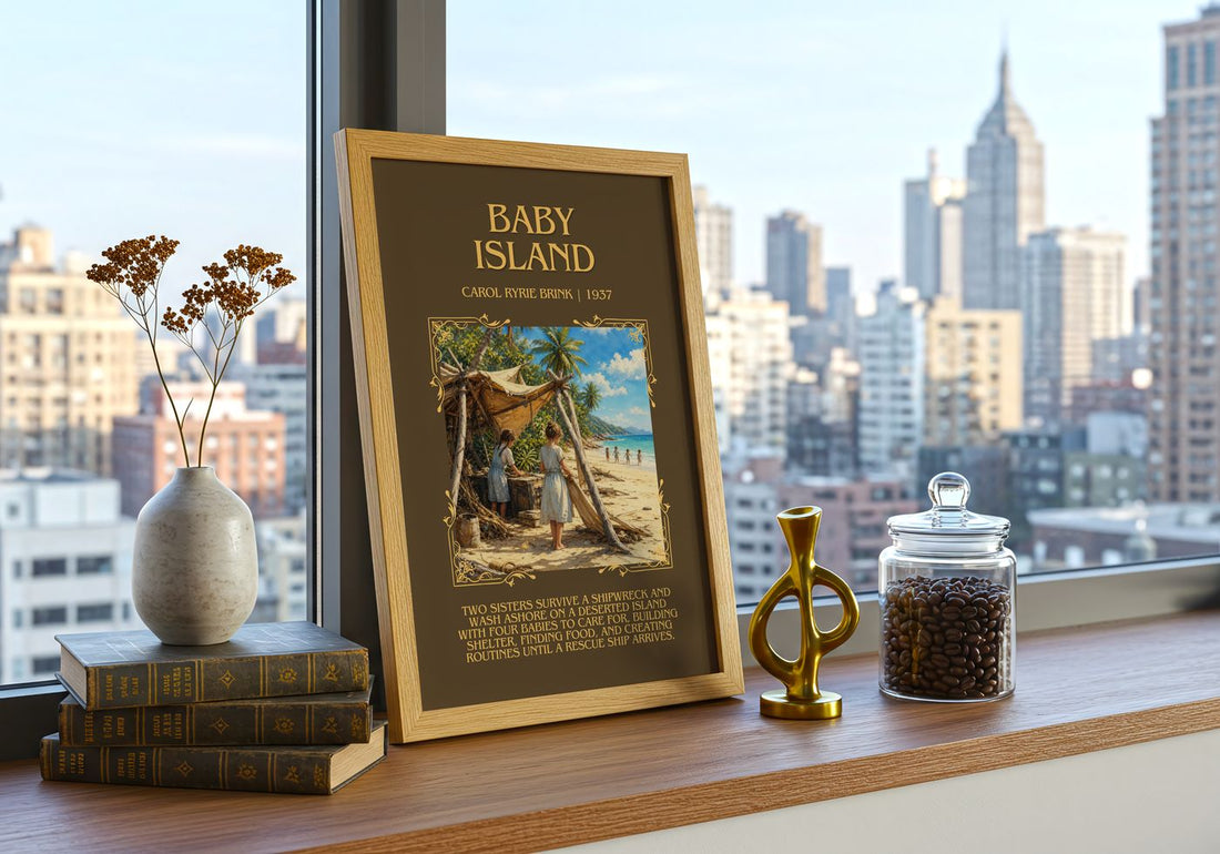 Baby Island Minimalist Book Poster by Carol Ryrie Brink – framed print on a city-view windowsill