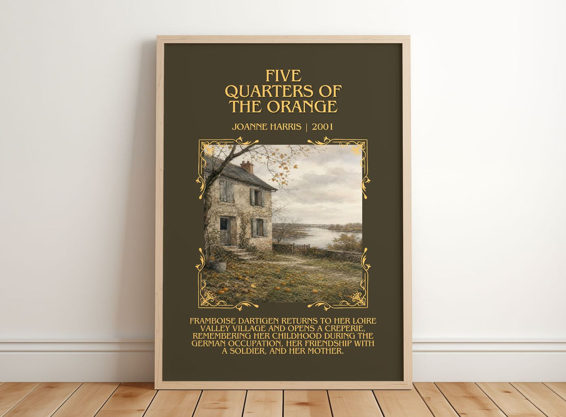 Five quarters of the orange Minimalist Book Poster by Joanne Harris – framed print leaning on a wooden floor