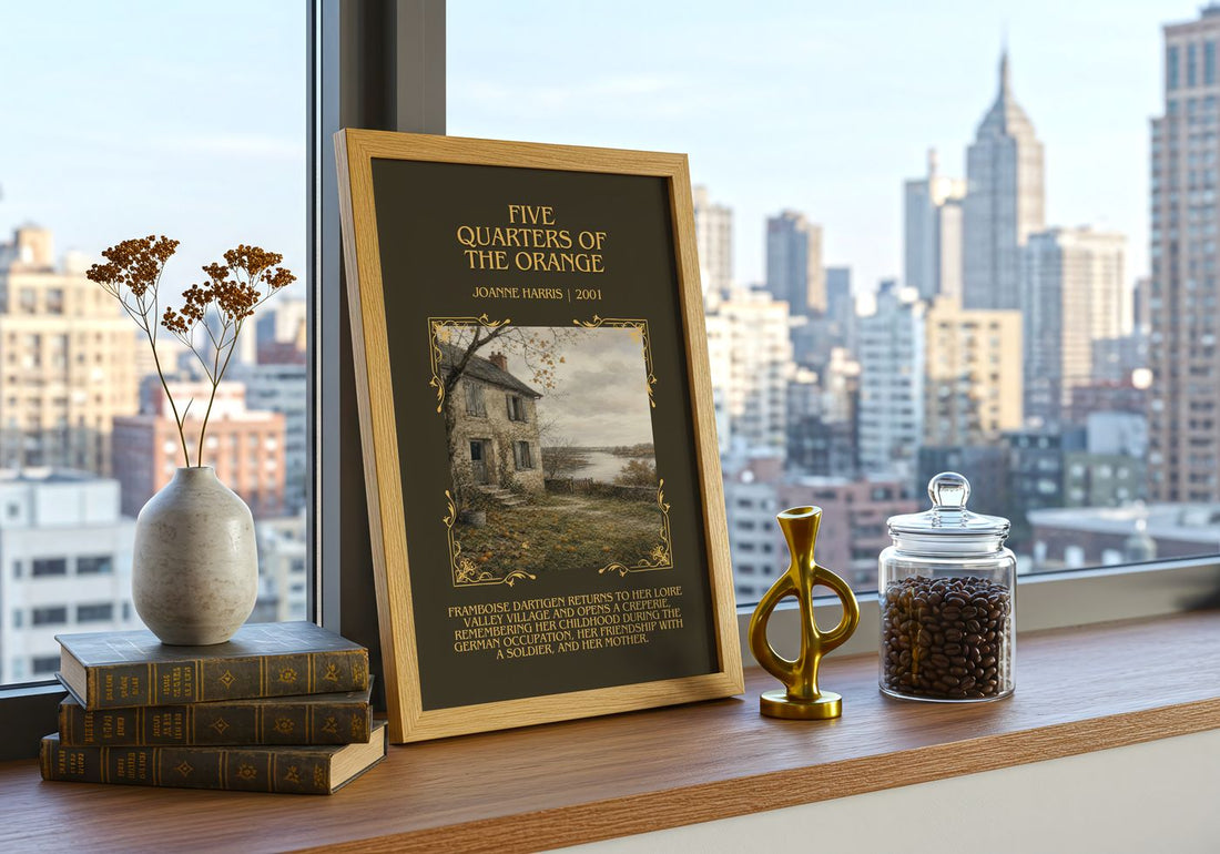 Five quarters of the orange Minimalist Book Poster by Joanne Harris – framed print on a city-view windowsill
