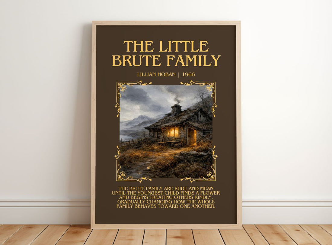The little Brute family Minimalist Book Poster by Lillian Hoban – framed print leaning on a wooden floor