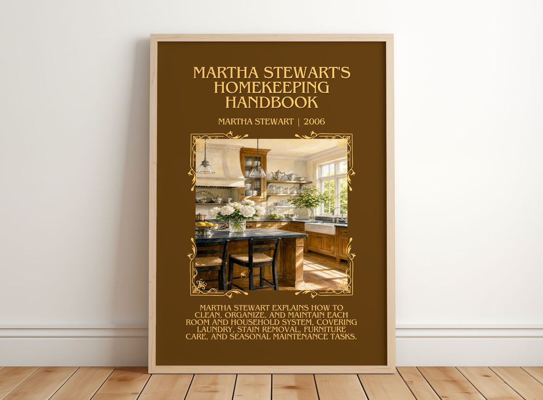 Martha Stewart's Homekeeping Handbook Minimalist Book Poster by Martha Stewart – framed print leaning on a wooden floor