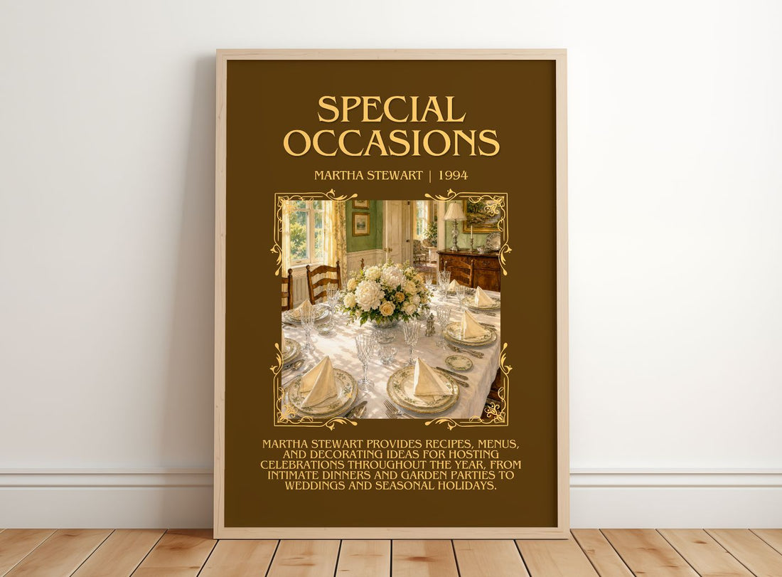 Special occasions Minimalist Book Poster by Martha Stewart – framed print leaning on a wooden floor
