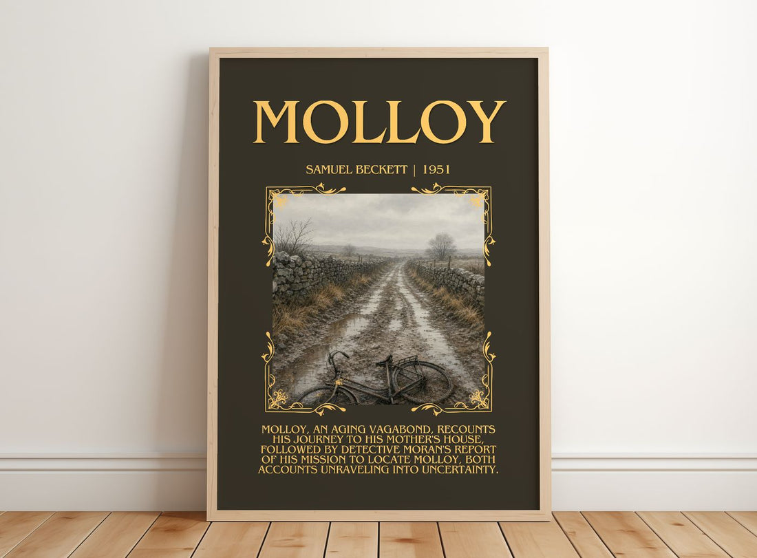 Molloy Minimalist Book Poster by Samuel Beckett – framed print leaning on a wooden floor