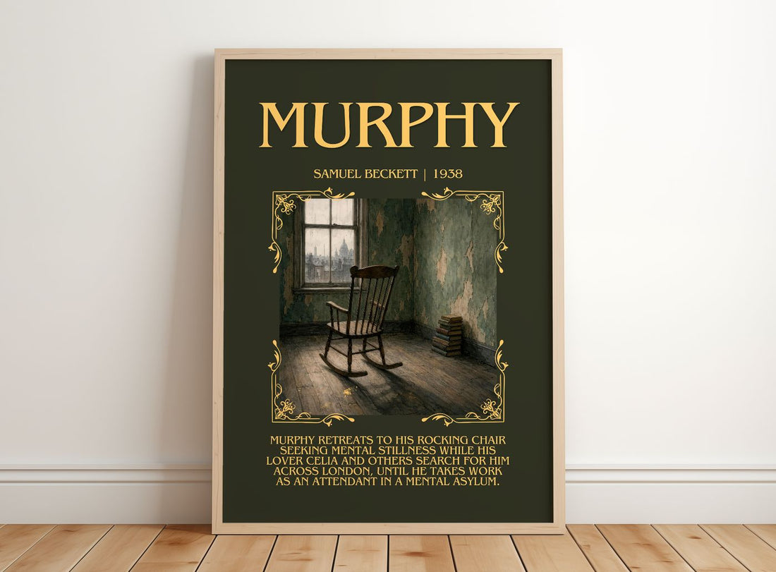Murphy Minimalist Book Poster by Samuel Beckett – framed print leaning on a wooden floor