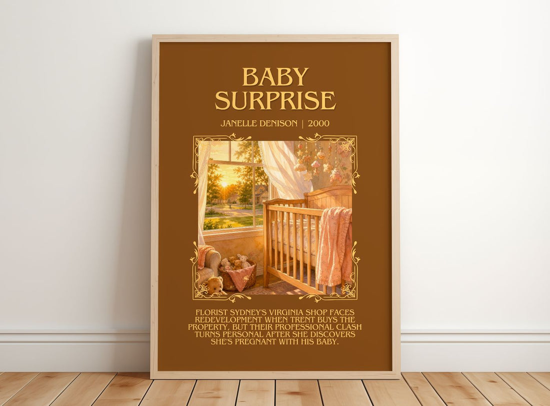 Baby Surprise Minimalist Book Poster by Janelle Denison – framed print leaning on a wooden floor