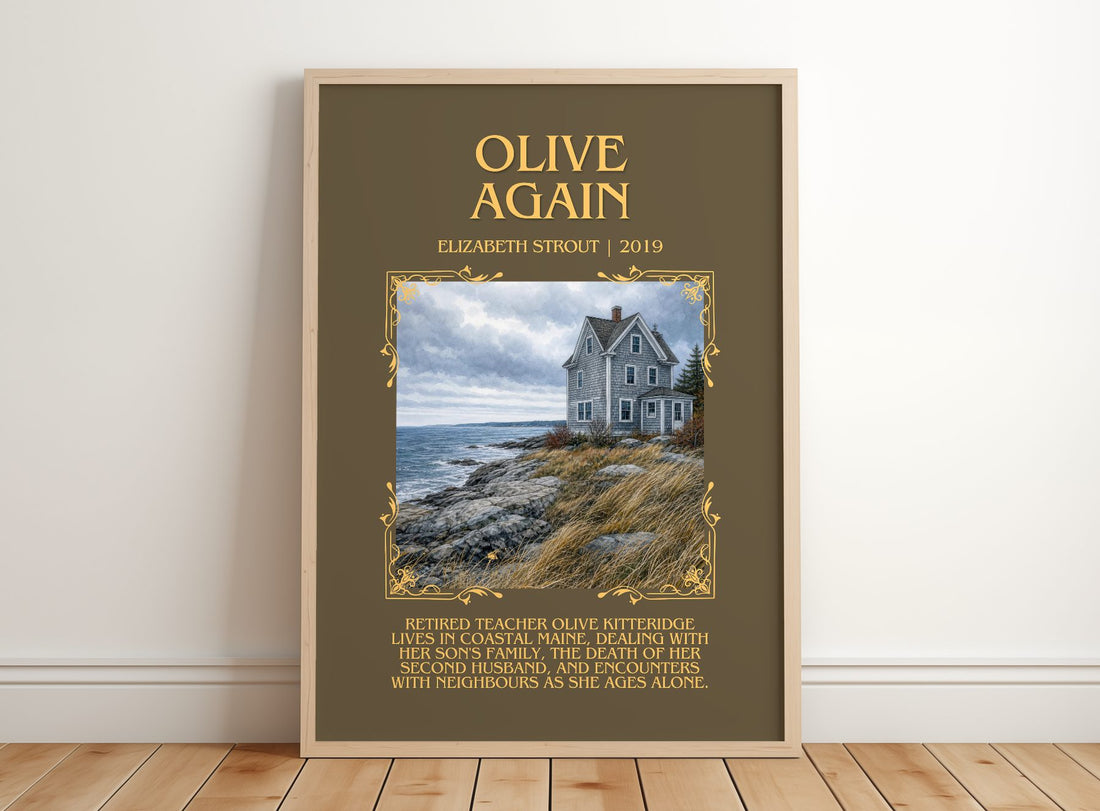 Olive Again Minimalist Book Poster by Elizabeth Strout – framed print leaning on a wooden floor