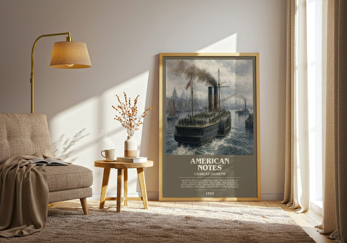 American Notes bookish print on bookshelf – Charles Dickens fan gift