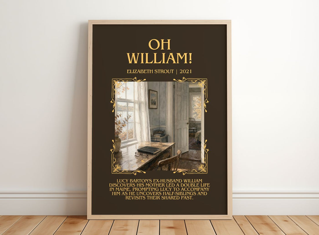 Oh William! Minimalist Book Poster by Elizabeth Strout – framed print leaning on a wooden floor