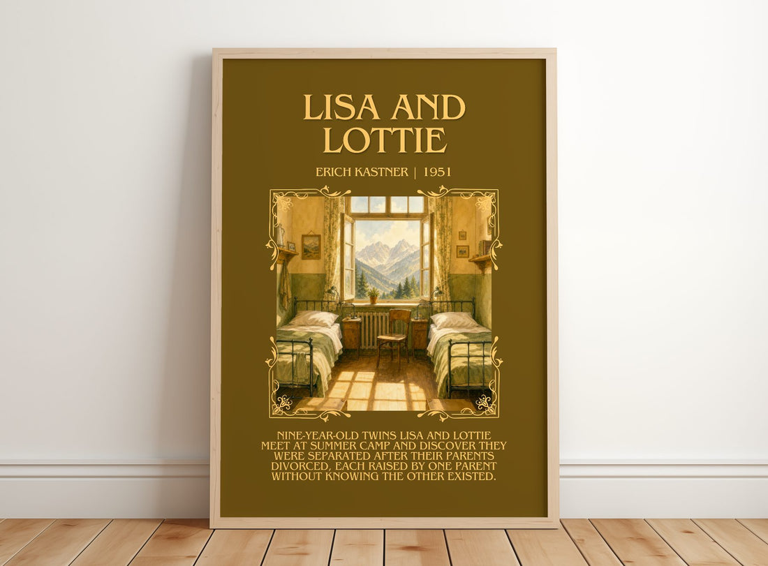 Lisa and Lottie Minimalist Book Poster by Erich Kästner – framed print leaning on a wooden floor