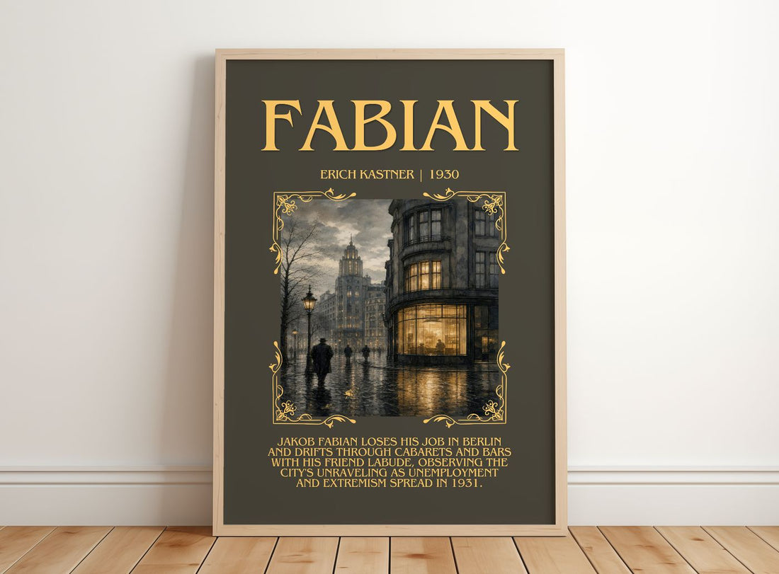 Fabian Minimalist Book Poster by Erich Kästner – framed print leaning on a wooden floor
