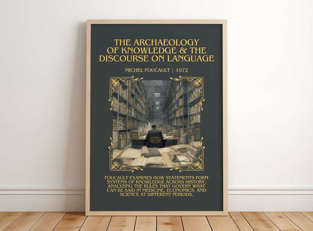 The archaeology of knowledge & The discourse on language Minimalist Book Poster by Michel Foucault – framed print leaning on a wooden floor