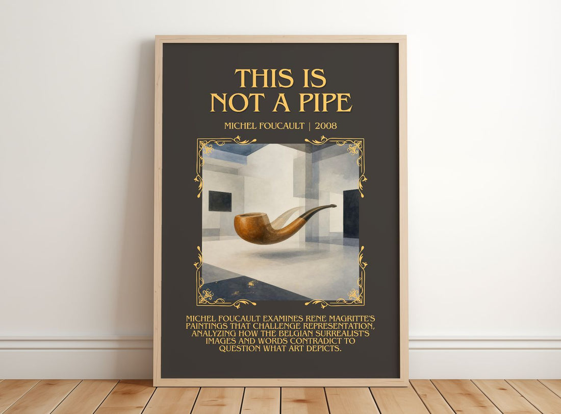 This Is Not a Pipe Minimalist Book Poster by Michel Foucault – framed print leaning on a wooden floor